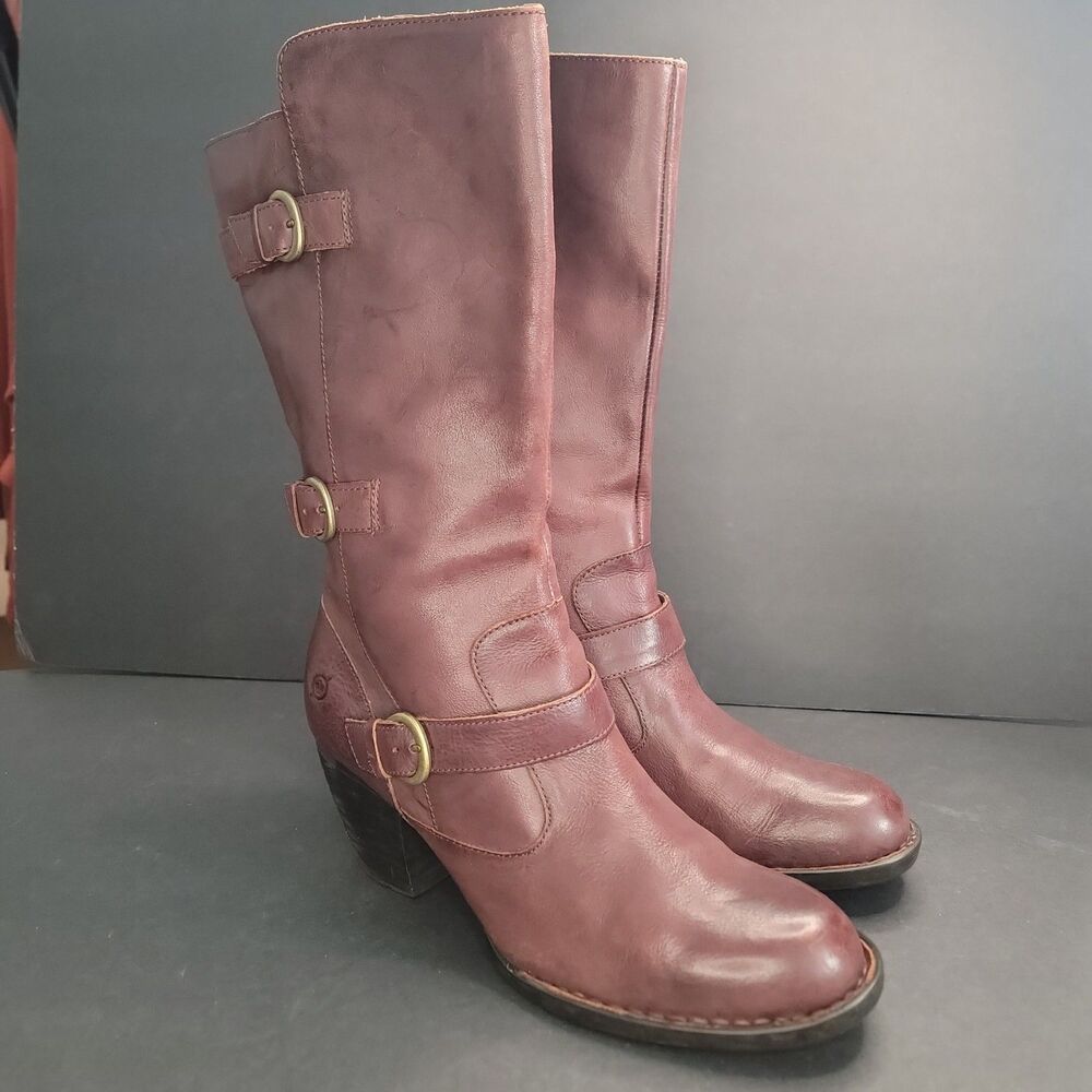 Born Womens Tall Leather Boots Size 10 M Burgundy Oxblood Plaid Lining Buckle